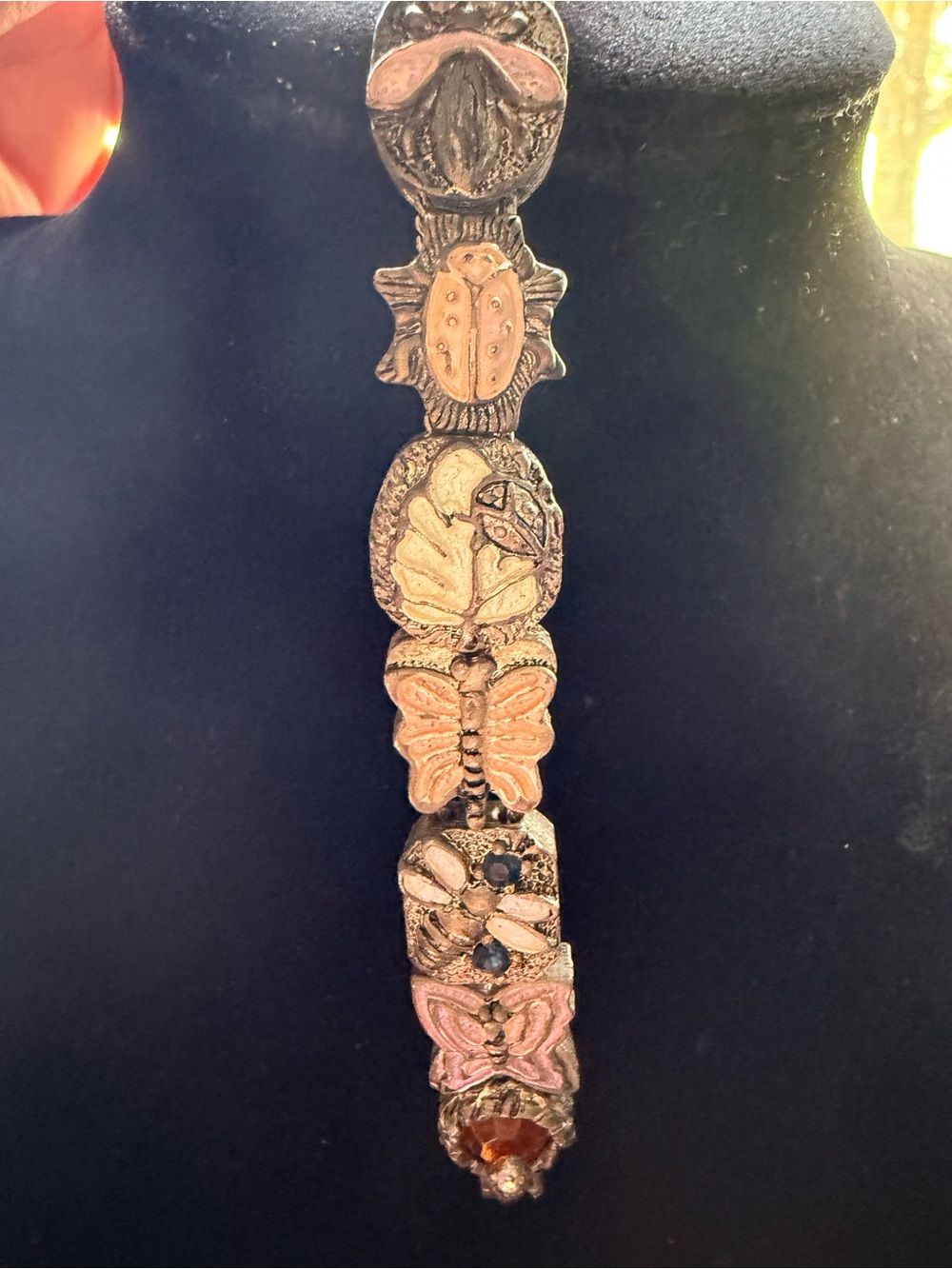 Handcrafted Butterfly and Nature Pendant Bracelet in Pink and Gold-Tone